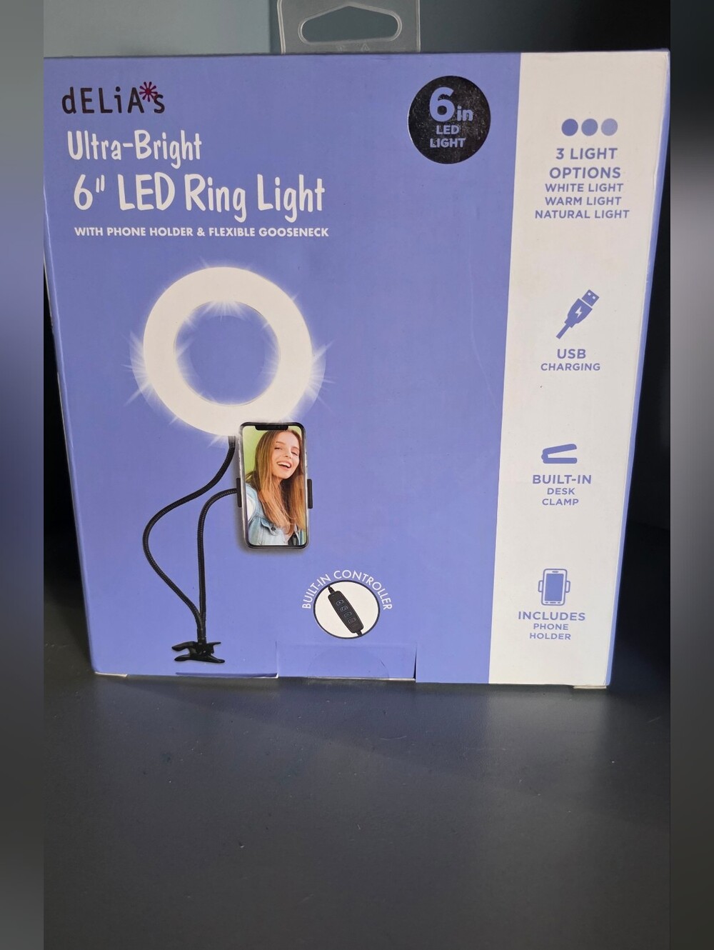 dELiA*s 6" LED Ring Light with Dual Gooseneck Phone Holder - Black
